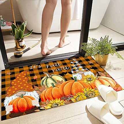 caicainiu Autumn Pumpkins Decorative Doormat, Fall Thanksgiving Rustic Yard Low-Profile Floor Mat for Indoor Outdoor Gnome Plaid Maple Leaves Far