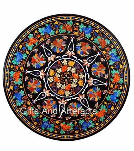 Gifts And Artefacts 42 x 42 Inches Floral Art Inlay Work Dining Table Top Round Shape Black Marble Sofa Center Taable for Home Furniture Decor