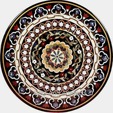 42 x 42 Inches Pietra Dura Art Kitchen Table for Home Furniture Decor Black Round Shape Marble Dining Table Top
