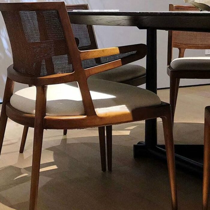 WALNUT Retro Dining Room Furniture With Armrests Backrest Chair Solid Wood Dining Stool Woven Rattan Chair