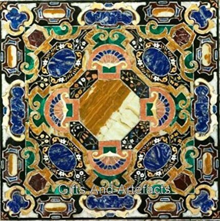 Gifts And Artefacts 42 x 42 Inches Inlaid with Gemstone Kitchen Table Top for Home Furniture Decor Square Shape Black Marble Dining Table