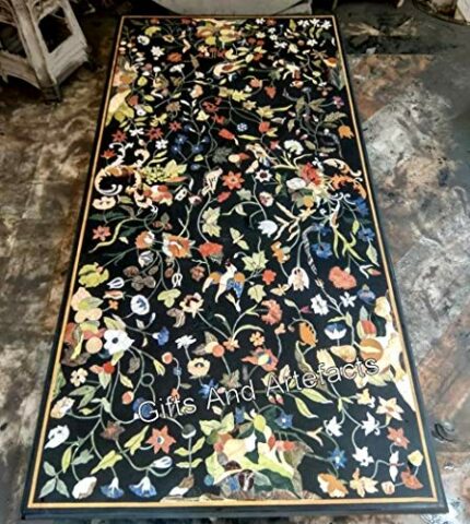 Gifts And Artefacts 36 x 84 Inches Marquetry Art Dining Table Top for Home Furniture Decor Rectangle Shape Black Marble Restaurant Table