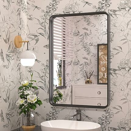 TETOTE 16x24 Inch Black Frame Mirror, Bathroom Vanity Mirror for Wall, Modern Rectangle Round Corner Matte Framed Mirror (Horizontal/Vertical)