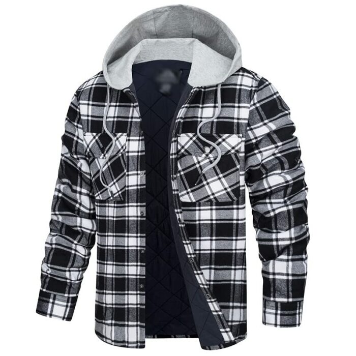 GLUXIT Men's Hooded Facecloth Jacket Thick and Warm Winter Jacket Autumn Plaid Shirt Jacket Cotton Hoodie