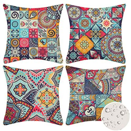 Velvhom Outdoor Waterproof Cushion Covers 50 x 50cm Modern Ethnic Pillowcase Mandala Floral 4 Pack Throw Pillow Cover Abstract Art Hippy Cushion