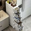 OPSREY Narrow Bathroom Corner Floor Cabinet, Slim Toilet Paper Storage Cabinet with Clear Drawers and Casters, Bathroom Floor Cabinet Storage Car