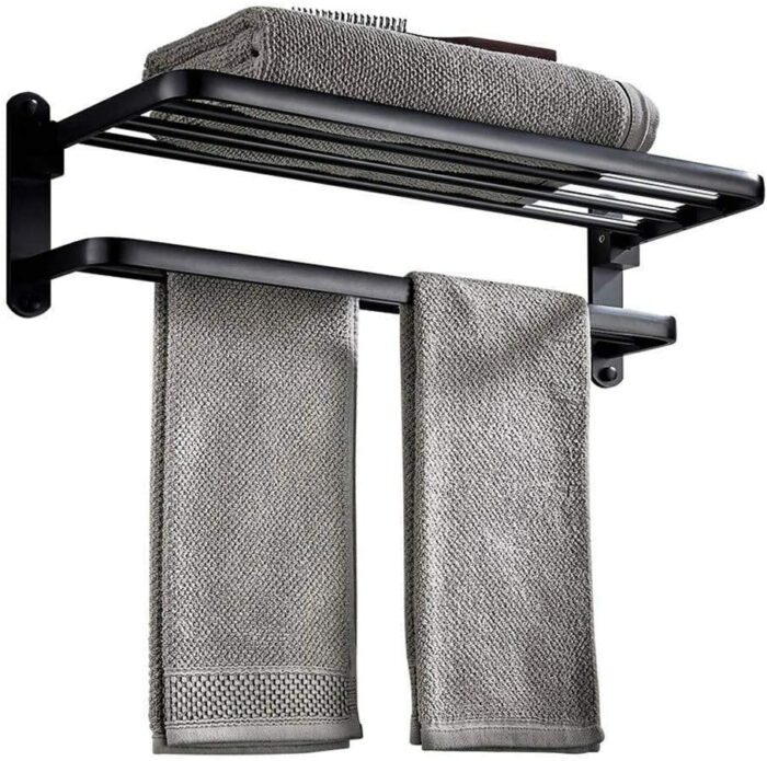 Towel Bar Space Aluminum Folding Towel Rack Black Bathroom Towel Rack Toilet Towel Wall Hanging Length/60Cm