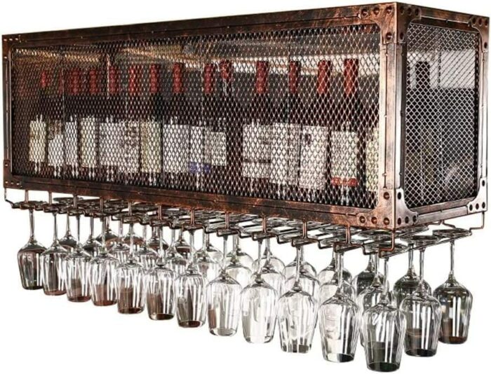 EYLINK Wall Mounted Wine Racks Hanging Wine Holder Vintage Style Bar Wine Bottle Holder Goblet Racks Stemware Rack Grid Wine Cabinet Wine Shelves