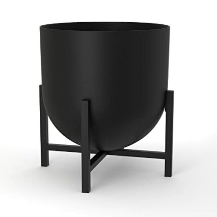 Plant Pot with Plant Stand - Metal Plant Pots Indoor Planter 22cm Large Flower Pot (Black)