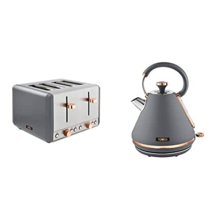 Tower T20051RGG Cavaletto 4 Slice Toaster, Grey and Rose Gold & T10044RGG Cavaletto Pyramid Kettle with Fast Boil, Detachable Filter, 1.7 Litre,