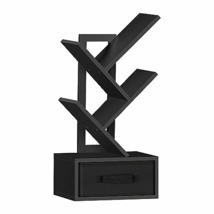 SHEEPAM Small Book Shelf with Drawer,3 Tier Black Tree Bookshelf,Wooden Desktop Bookcase,Modern Desk Display Storage Bookshelves,Floor Standing O