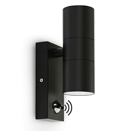 Kerry Outdoor Wall Lights, Up and Down Lamp with Motion Sensor, IP44 Black Stainless Steel Outside Lighting Mains Powered Fixtures, PIR Detector