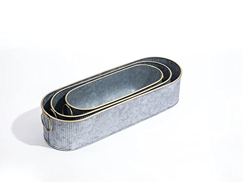 Dipamkar Set of 3 Vintage Long Oval Galvanized Metal Garden Trough Planters Window Sill Box Herb Pots Outdoor Plant Pots