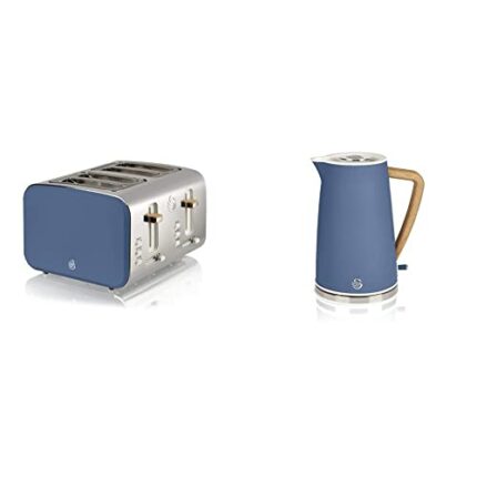 Swan Nordic 4 Slice Toaster, Blue, 1500W, Scandi Style, ST14620BLUN & Nordic Jug Kettle, 1.7 Litre, Blue, Rapid Boil, Wood Effect Handle, Soft To