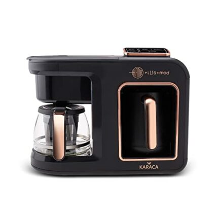 KARACA Hatır Plus Mod 5 in 1, 750ml Tea/Filter Coffee & Turkish Coffee Maker Black Copper, Tea, Milk Drink Heating, Turkish Coffee, 1385W, 5+5 Cu
