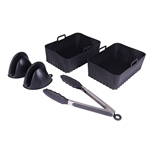 ANX Silicone Air Fryer Liners (2-Pack) for Ninja AF300UK & AF400UK | 2PCS Silicone Mitts & Kitchen Tongs for Reusable Dual Air Fryer Liner | Air