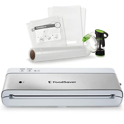 FoodSaver Compact Food Vacuum Sealer Machine with Handheld Sealer Accessory | 1 Roll & 4 Bags | Silver with White Accents [VS0100]