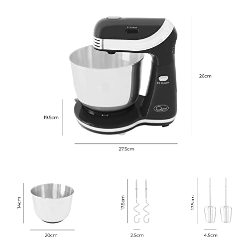Quest 34450 Compact Stand Mixer / 6 Speed Settings / Stainless Steel Bowl / Dough Hook & Beater / 3 Litre Capacity / 250W / Metallic Black Colour