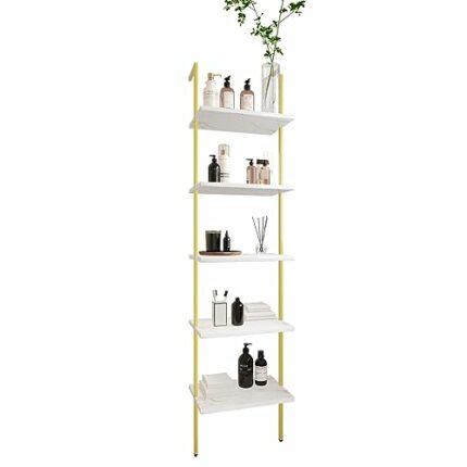 Wolawu Ladder Shelf 5 Tiers Metal Industrial Bookshelf,White Marble Wood Tall Open Storage Rack and Display Shelves,Wall Mount Wide Book Case for