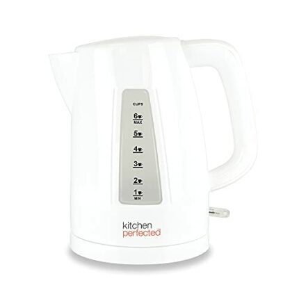 Kitchen Perfected Quiet Rapid Boil Eco-Friendly Cordless Kettle - 3000w, 1 cup boil, 1.5 Litre (6 cups), Removable Filter - White - E1526WH
