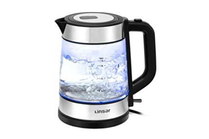Linsar Electric Glass Kettle, 1.7L with Blue LED, Removable Filter, Heat- Resistant Glass, BPA- Free, British Control by STRIX, Cordless Base, Bo