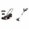 WORX Cordless Lawn Mower with 2 x 20 V Batteries, 34cm, WG779E.2 & WG163E 18V (20V MAX) Cordless Grass Trimmer with Command Feed and 2 Batteries