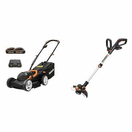 WORX Cordless Lawn Mower with 2 x 20 V Batteries, 34cm, WG779E.2 & WG163E 18V (20V MAX) Cordless Grass Trimmer with Command Feed and 2 Batteries
