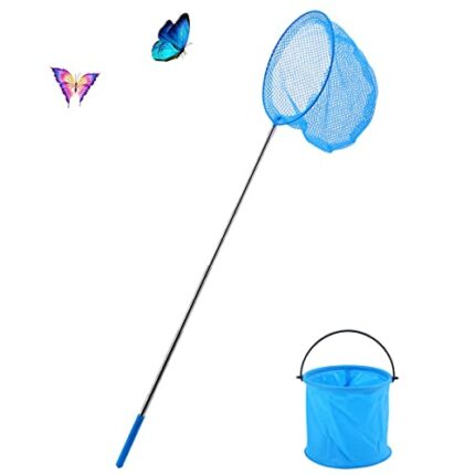Worown 1 Pack Telescopic Butterfly Nets, Extendable Fishing Nets with 1 Folding Water Buckets for Catching Insects Bugs Playing Outdoor