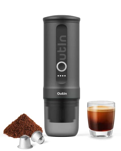 Outin Nano Portable Electric Espresso Machine with 3-4 Min Self-Heating, 20 Bar Mini Small 12V 24V Car Coffee Maker,Capsule & Ground for Camping,