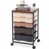KINGRACK Storaeg Drawer Cart,Rolling Storage Cart with 5 Drawers, Storage Trolley Cart with Plastic Drawers,Utility Cart with Drawer,Wooden Table