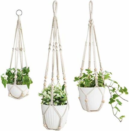 Mkouo 3 Pack Macrame Plant Hangers Indoor Hanging Planter Basket Flower Pot Holder Cotton Rope with Beads No Tassels, 58cm/73cm/89cm