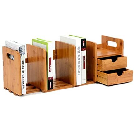 Natural Bamboo Desktop Organizer Office Storage Rack with Extendable Storage with 2 Drawers for Office And Home, CD Holder Media Rack