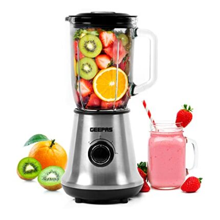 Geepas 700W Glass Jug Food Blender Smoothie Maker | Stainless Steel Cutting Blades, 3 Speed Control with Pulse & 1.5L Glass Jar | Powerful Copper