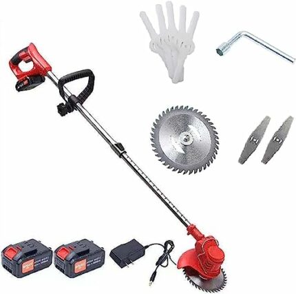 Cordless Trimmer, 24v Electric Handheld Lawn Mower with 3 Styles Blades 2 Batteries 1 Charger Adjustable Length Machine Head Angle