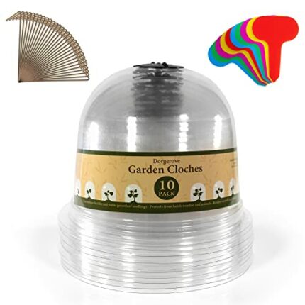Dorgerove Garden Cloches 10 Pack - 26 x 21cm Clear Transparent Plastic Humidity Dome Covers for Outdoor Use Complete with 10 Colorful Plant Label