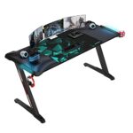 DESIGNA 60" Gaming Desk with RGB LED Lights, Large Z-Shaped Gaming PC Desk with Carbon Fiber Desktop Home Office Computer Game Desk Table for Gam