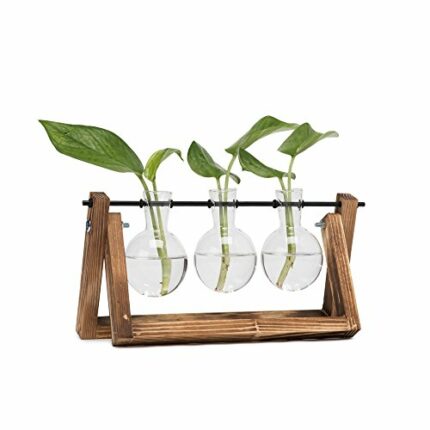 Hyindoor Propagation Station with Vintage Wooden Stand and Metal Rotating Rod for Hydroponics Plants Desktop Glass Planter Bulb Vase for Home Dec