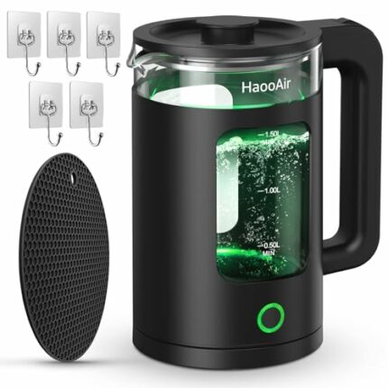 Haooair Kettle, 1.5 Liter Electric Kettle with Green LED, Easy to Clean Glass Kettle, Fast Boil Quiet, BPA-Free, Boil-Dry Protection (Gifts: Blac