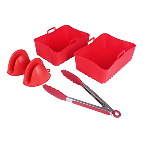 ANX Silicone Air Fryer Liners (2-Pack) for Ninja AF300UK & AF400UK | 2PCS Silicone Mitts & Kitchen Tongs for Reusable Dual Air Fryer Liner | Air