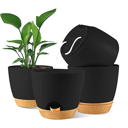 NIUXUAN 20CM Plant Pots, 4PCS Plastic Plant Pots, Self Watering Planters with Drainage Holes and Deep Reservior for Indoor Outdoor Plants, Small