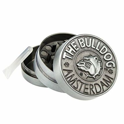 The bulldog 3 part embossed silver metal grinder with diamond shaped teeth for a fine grind