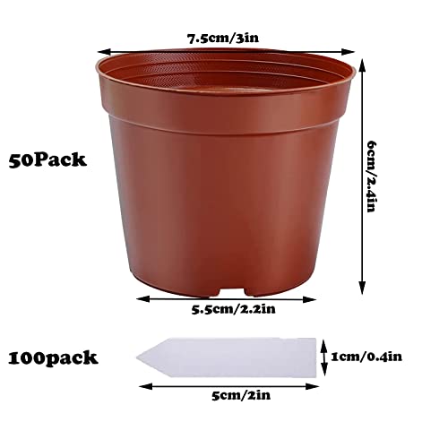 WAIZHIUA 50Pcs 7.5cm Plant Flower Pots, Plastic Plant Nursery Pots Small Flower Plant Container with 100Pcs Plant Labels for Succulent Fruit Vege