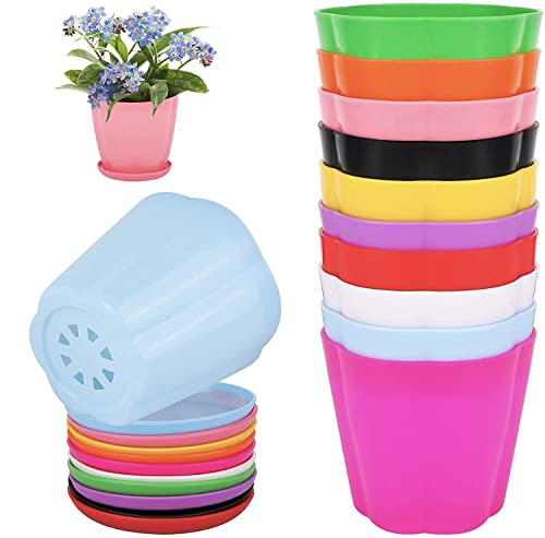 LATERN 10Pcs Plastic Plant Pots, 11cm Colorful Flower Pots Indoor Plant Pots Seedling Nursery Planter with Saucers for Garden Office Desk Balcony