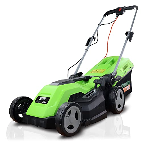 GardenTek 15"/38cm Corded Electric 1600w/230v Roller Mulching Lawn Mower, 5 Cutting Heights, 40l Grass Catcher, 10m Power Cable, Lawnmower 2 Year