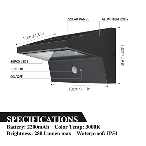 HLFVLITE Solar Wall Light Outdoor with Motion Sensor - 36 Bright LEDs, 3 Lighting Modes, IP54 Waterproof, Automatic Aluminum Security Lamp for Ga