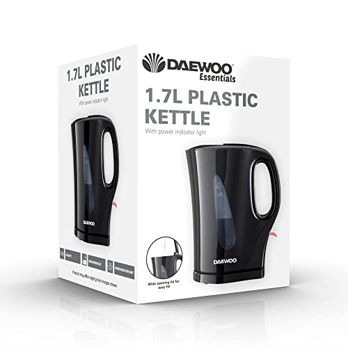 Daewoo Essentials, Plastic Kettle, Black, 1.7 Litre Capacity, Fill 7 Cups, Family Size, Visible Water Window For Easy Monitoring, Led Light Indic