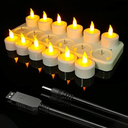 Ymenow Rechargeable Tea Lights Candles, 12pcs Electric Battery Flameless Fake LED Candles Flickering Dinner Candles with Charging Station & USB C