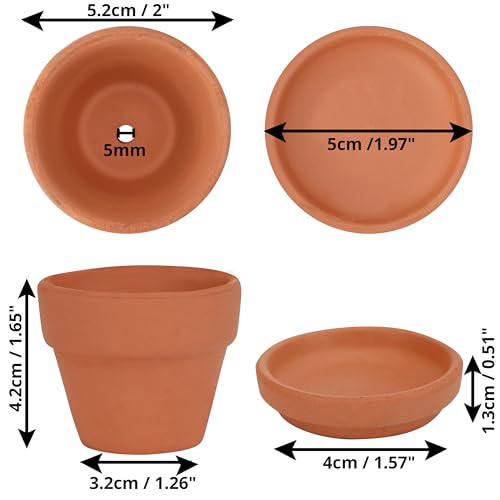 Belle Vous 16 Pack of Unfinished Terracotta Plant Pots & Saucers - 5.2cm/2 Inches - Clay Flowerpots/Planters with Drainage Hole for DIY Crafts &