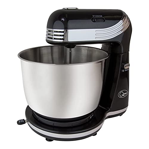 Quest 34450 Compact Stand Mixer / 6 Speed Settings / Stainless Steel Bowl / Dough Hook & Beater / 3 Litre Capacity / 250W / Metallic Black Colour