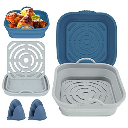Silicone Air Fryer Liner, Tower Air Fryer Accessories， 8.3Inch Square Air Fryer Basket, Air Fryer Silicone Liners Reusable, 2Pcs Foldable （Bule a